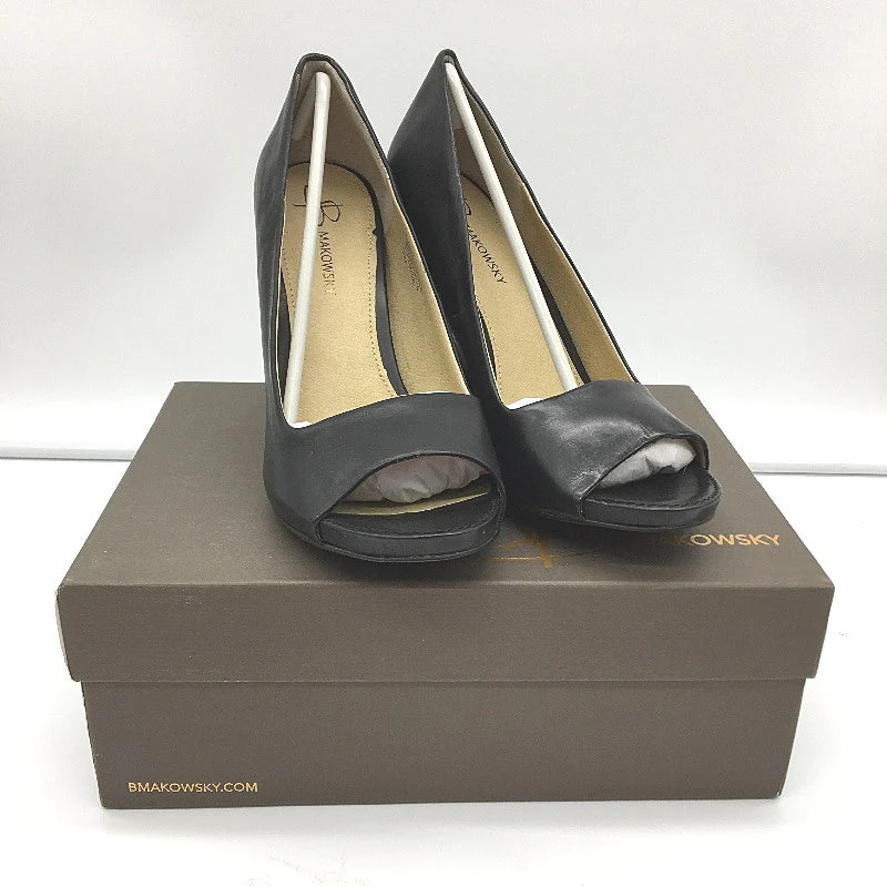 B.Makowsky Black Leather Open Toed Heels Ladies Small Fit Size 10M NEW - Image 2