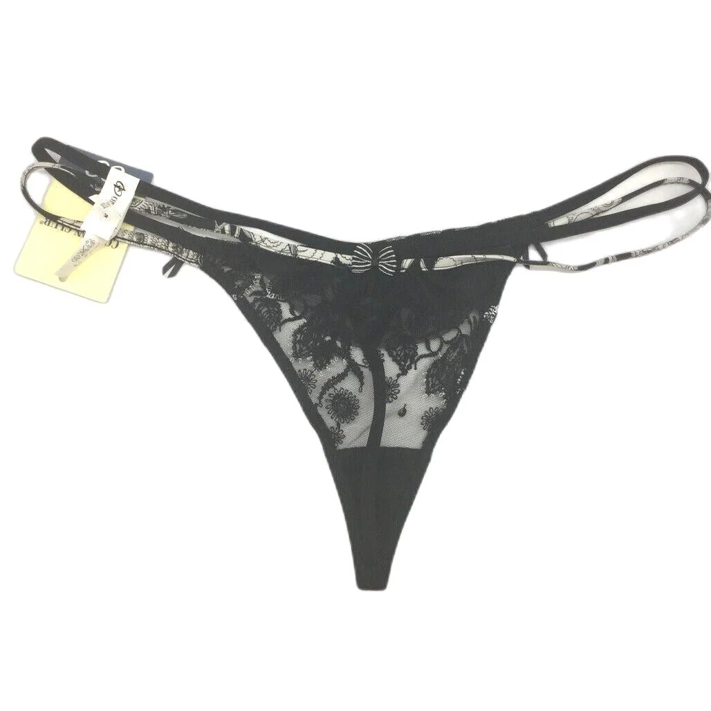 Cotton Club Black Floral Mesh String Thong Underwear Ladies Sz Italy 3/L NEW - Image 2