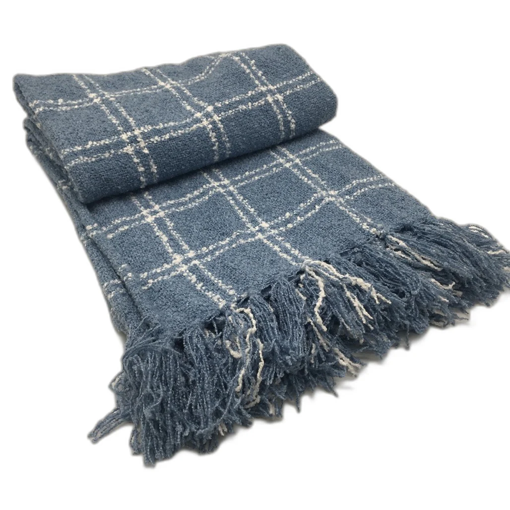 Target Blue Check Knit Style Tassled Edged Throw Rug Blanket 127 x 152cm NEW - Image 3