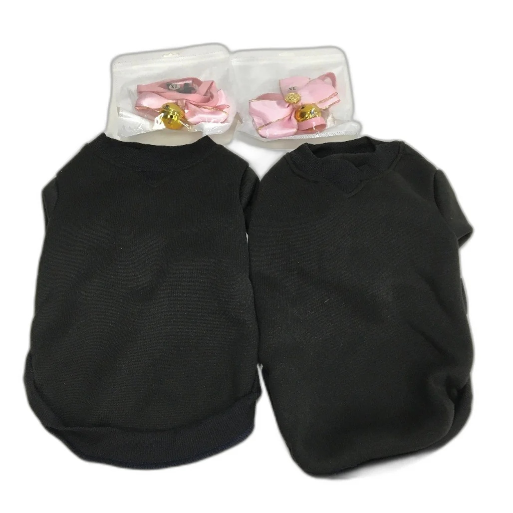 Milo & Mink 4 Pcs Black Fleece Doggy Jumper & Pink Bell Bow Collars Dog Sz Small