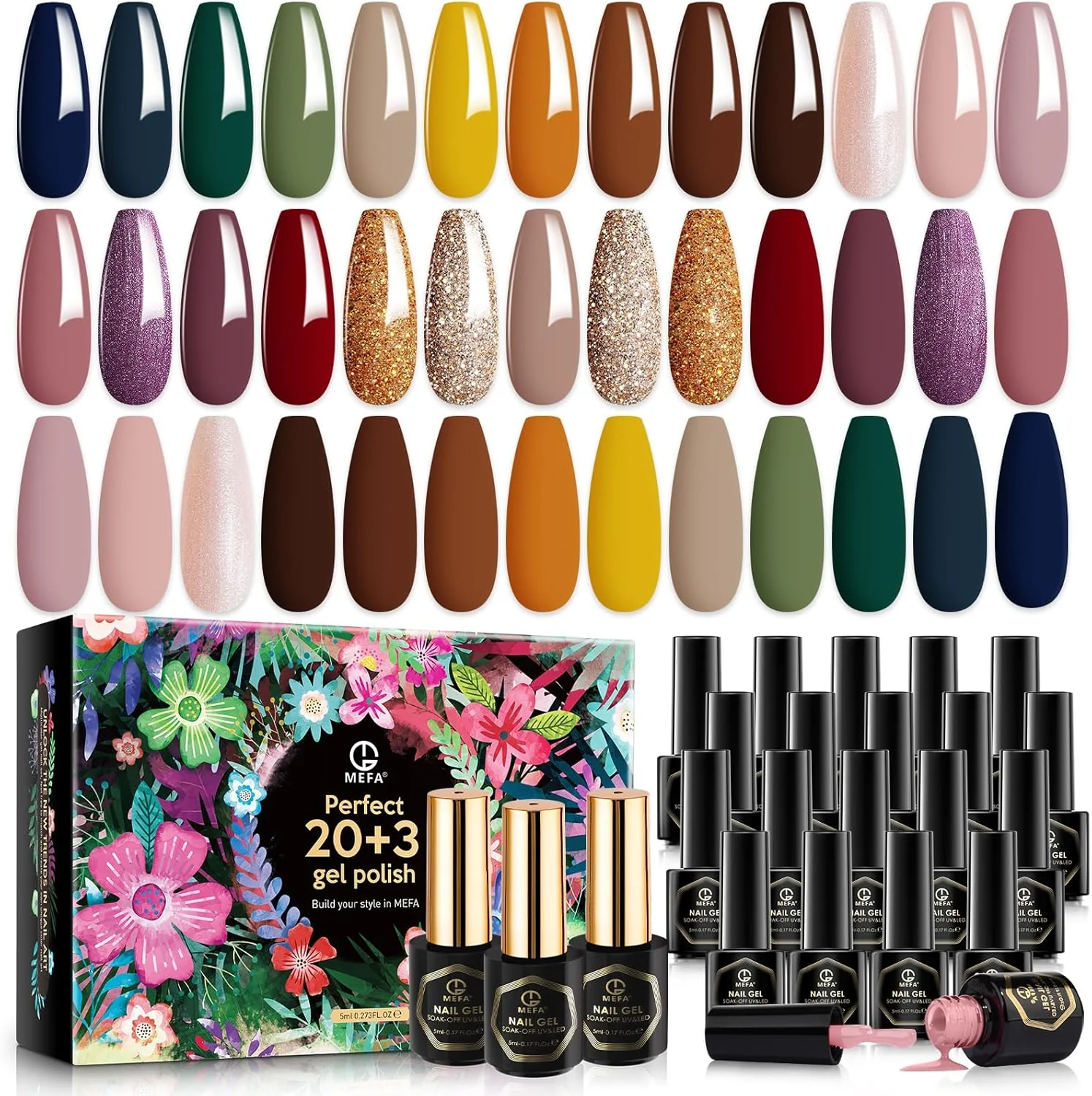 MEFA 20 Colors Soak Off Gel Nail Polish 3 Top Bases Glitter & Plain 23Pc Kit NEW
