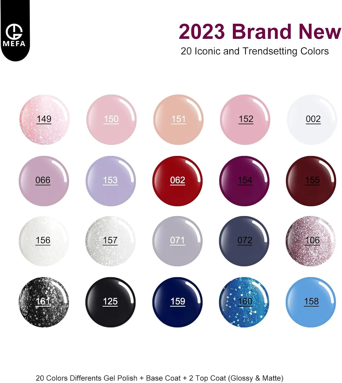MEFA Winter 20 Colors Soak Off Gel Nail Polish 3 Top Bases 23 Piece Kit NEW - Image 2