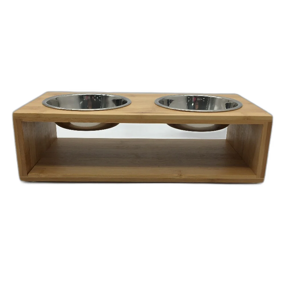 Bamboo Timber Double SS Bowl Elevated Pet Feeder Stand Cats & Small Dogs NEW - Image 2