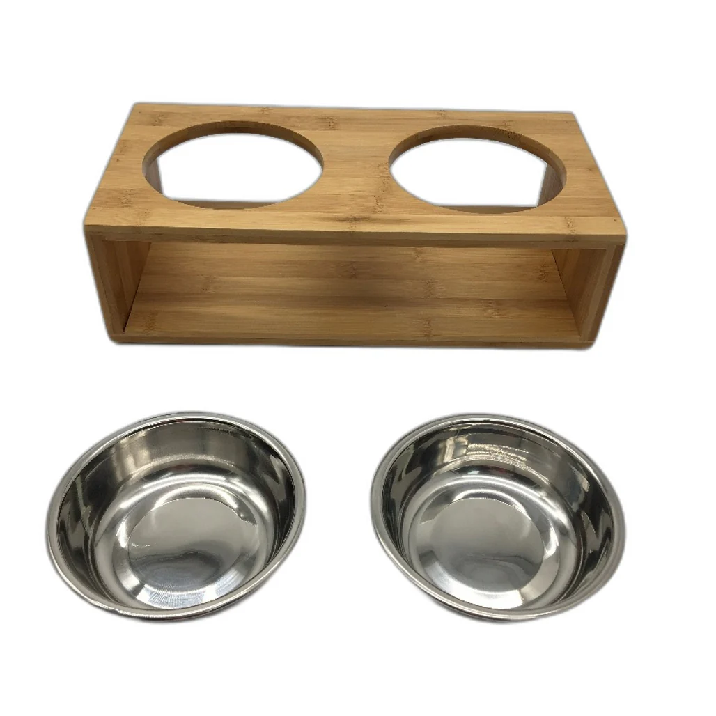 Bamboo Timber Double SS Bowl Elevated Pet Feeder Stand Cats & Small Dogs NEW - Image 3