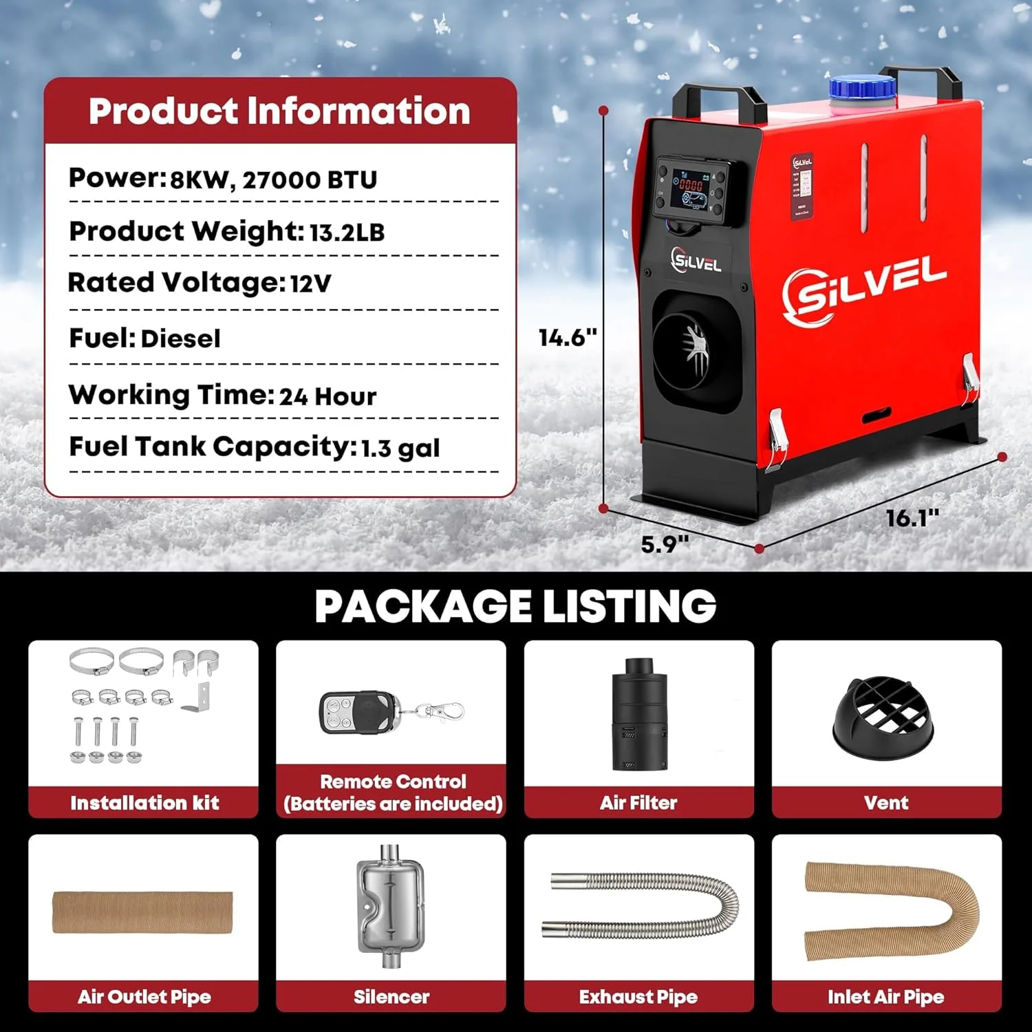 SILVEL Red 12V 5L Tank 8KW For Vans RVs Campers Garage Diesel Heater NEW - Image 4