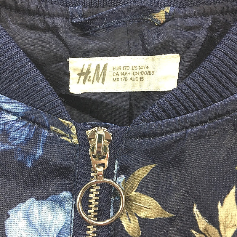 H&M Floral Print Satin Navy Bomber Style Souvenir Jacket Girls Size AU 15 - Image 3