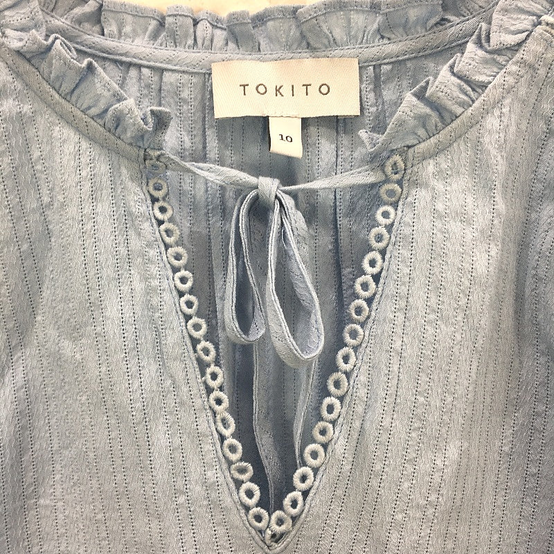 Tokito Cotton Blend Puff Sleeve Notch Neck Light Blue Top Ladies Size 10 NEW - Image 4
