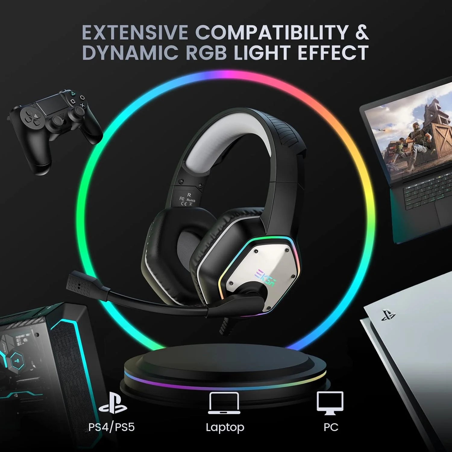 EKSA E1000 7.1 Surround Sound RGB Light USB Gaming Headset Built in Mic NEW - Image 3