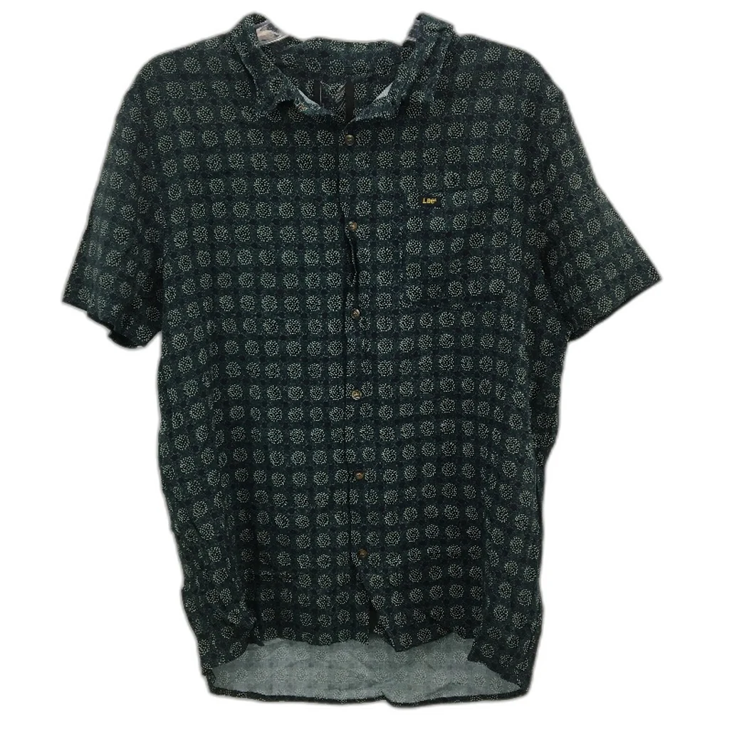 Lee Button-Up Patterned Green & Navy Casual Short Sleeve Shirt Mens Size Small