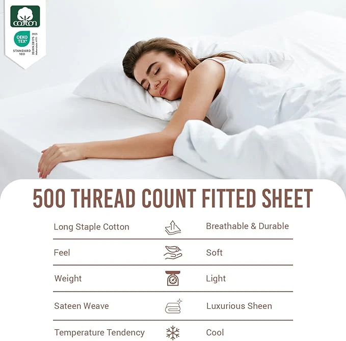 Pizuna 500 Thread Count Sateen White Single Fitted Sheet 100x200+40cm NEW - Image 2