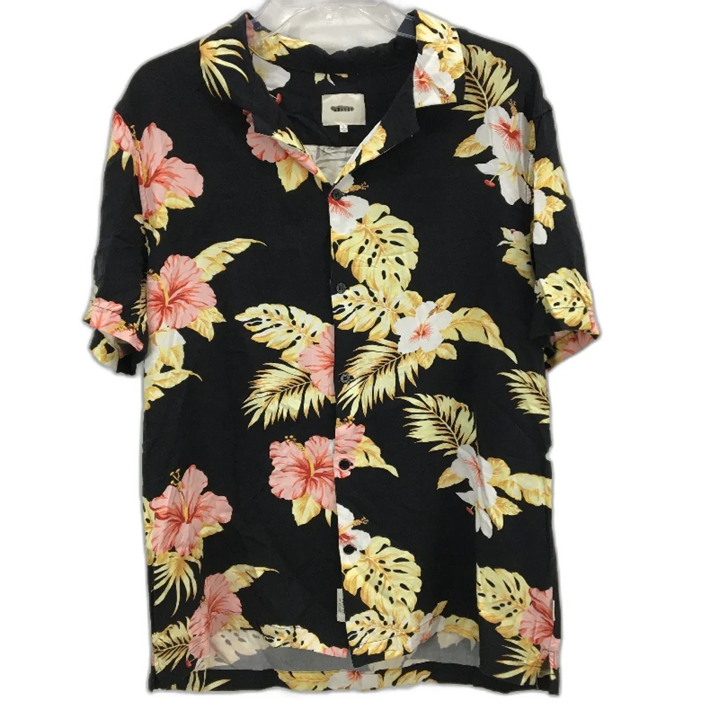 Arvust Floral Black Button-Up Flowy Casual Short Sleeve Shirt Mens Size Large