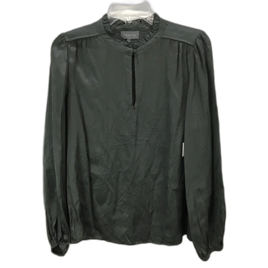 Tokito Petites Dark Green Silky Long Sleeve Frill Neck Blouse Ladies Size 10 NEW