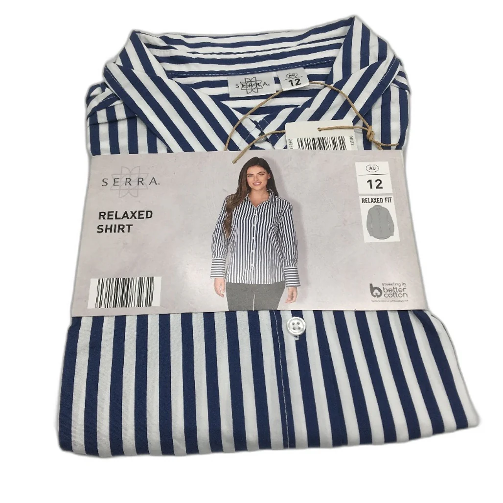 Serra 100% Cotton Navy Striped Long Sleeve Relaxed Fit Shirt Ladies Size 12 NEW
