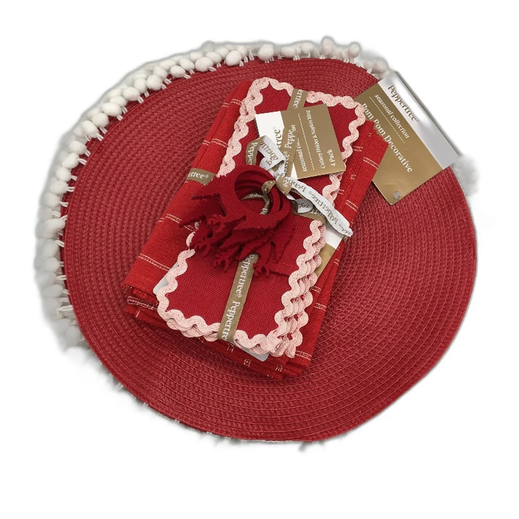 Peppertree Seasonal Collection Red Pom Pom Placemat and Fabric Napery Set NEW
