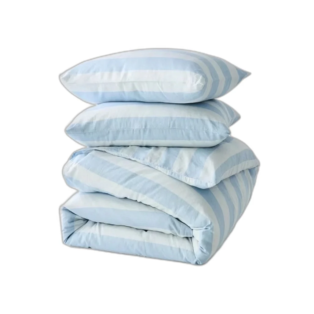 Blue Stripe Linen Cotton Blend Coconut Button Feature Quilt Cover Set QUEEN NEW - Image 3
