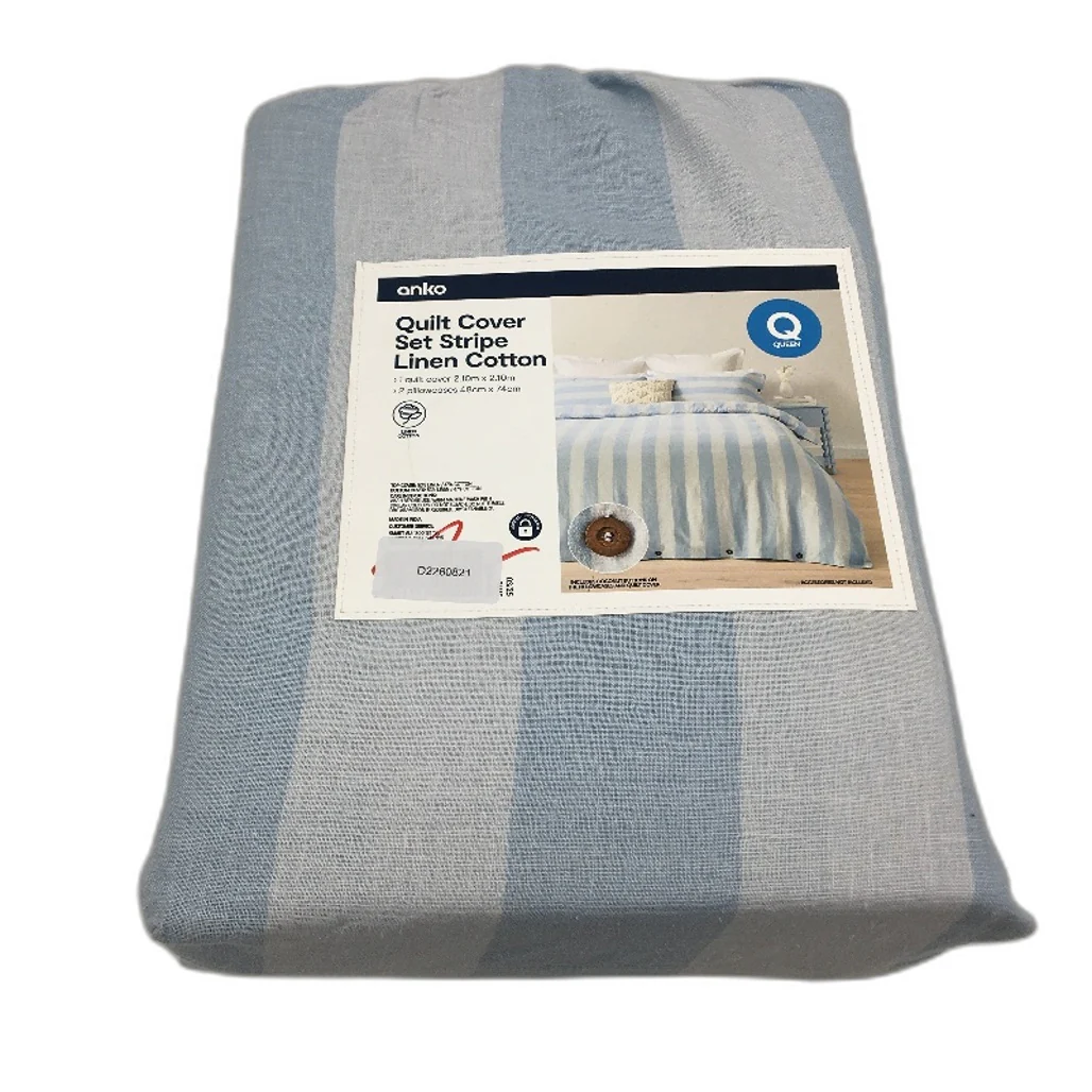 Blue Stripe Linen Cotton Blend Coconut Button Feature Quilt Cover Set QUEEN NEW - Image 4