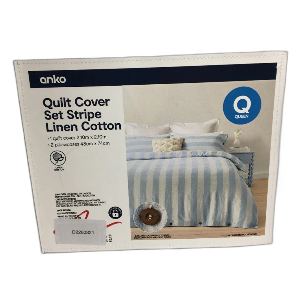Blue Stripe Linen Cotton Blend Coconut Button Feature Quilt Cover Set QUEEN NEW - Image 6