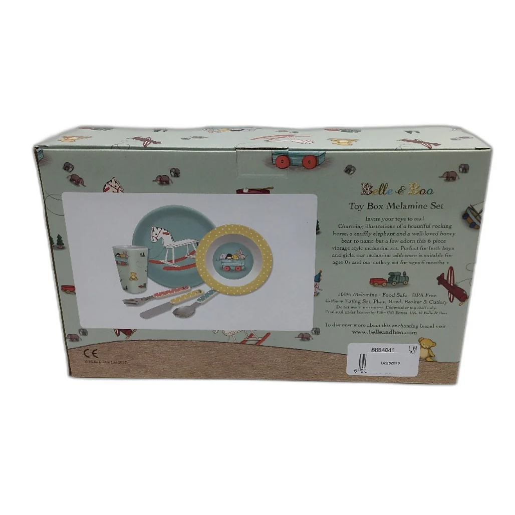 Belle & Boo 6 Piece Melamine Toy Box Design Dinner & Cutlery Set BPA Free NEW - Image 3