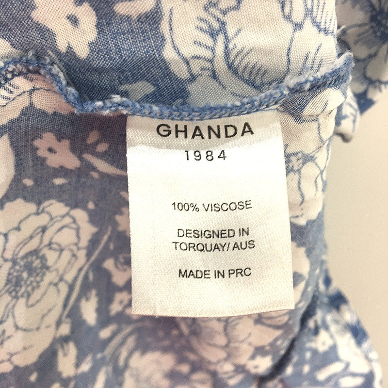 Ghanda 1984 Frilly Ruched Back Blue Floral Mini Dress Ladies Size Large - Image 5