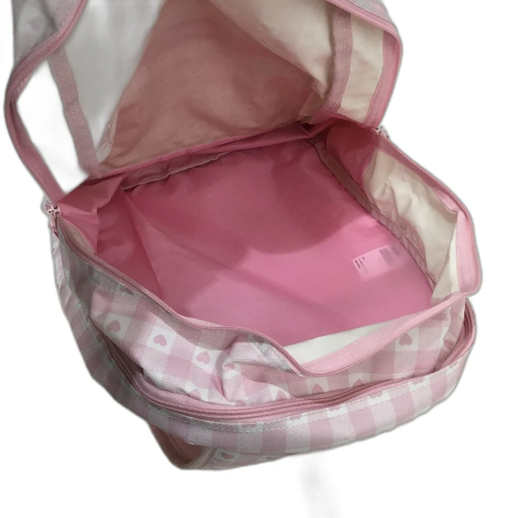 Multifunctional Pink Check Heart Printed Front Zipped Pocket School Backpack NEW - Image 4