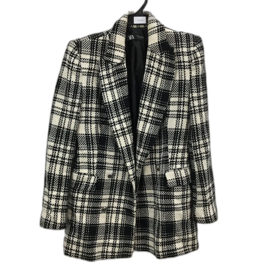 Zara Black & White Knit Weave Cotton Blend Double Breasted Jacket Ladies Size M