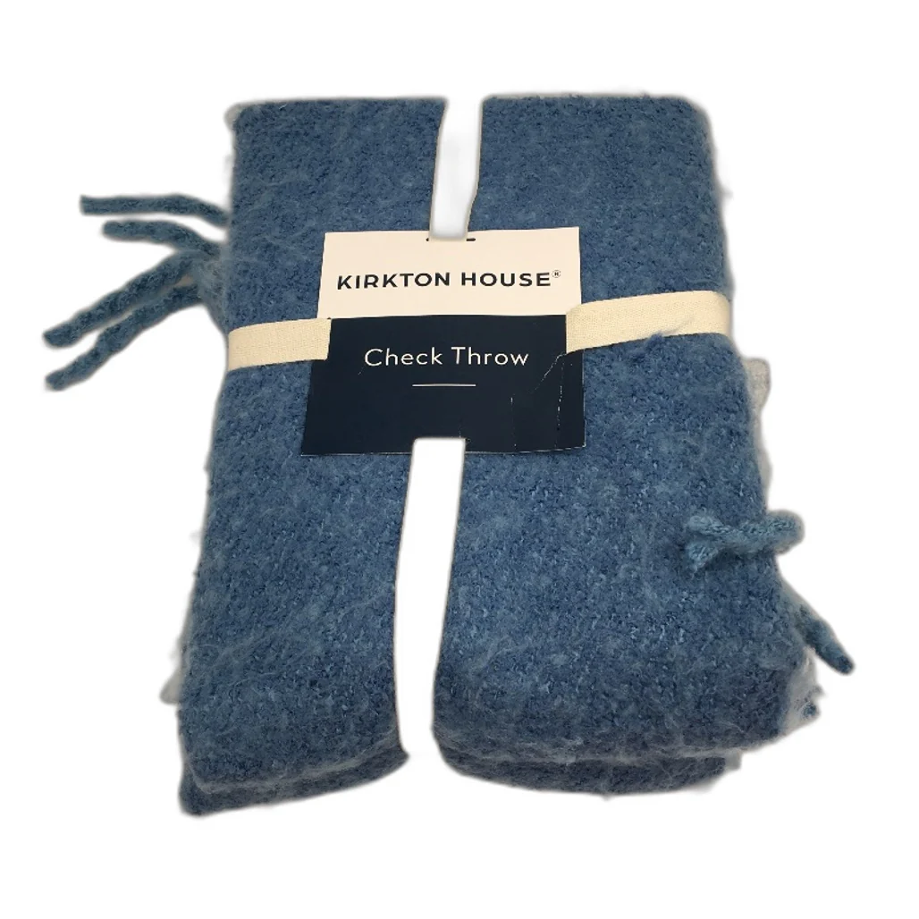 Kirkton House Soft Fleece Lightweight Fringed Solid Blue Check Throw Blanket NEW