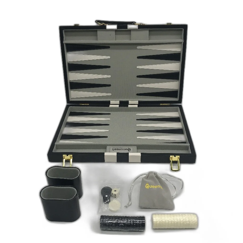 Queensell Backgammon Black Leather Game Set Travel Case Folding Board - Image 2