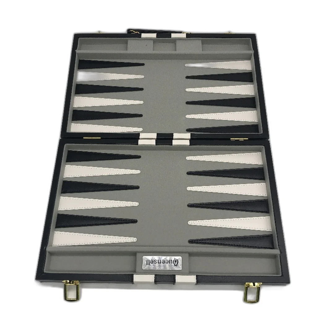 Queensell Backgammon Black Leather Game Set Travel Case Folding Board - Image 3