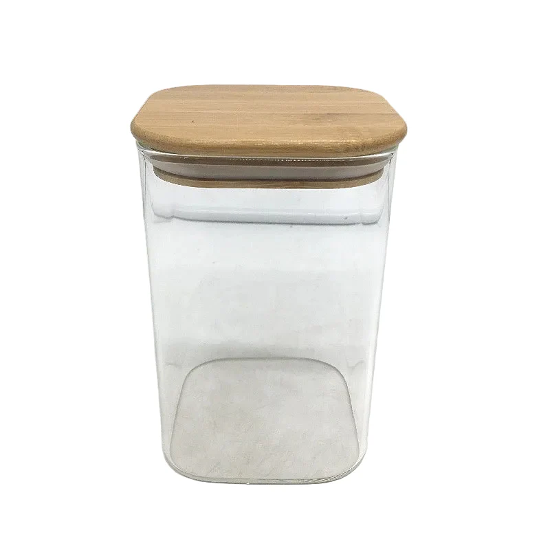 ComSaf Airtight Square Glass Food Storage Jars Set of 4 Bamboo Lids NEW