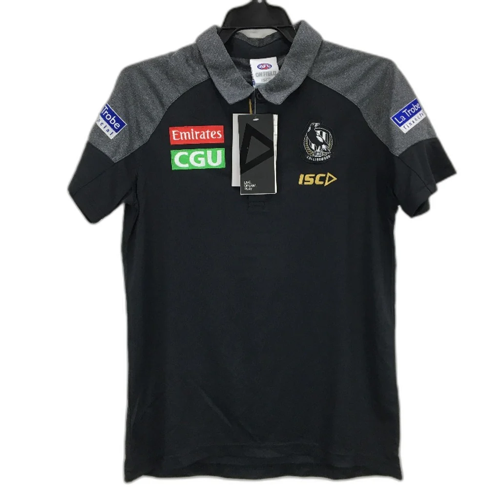 AFL Onfield Collingwood Black And Dark Marle Media Sports Polo KIDS Sz 12 NEW - Image 7