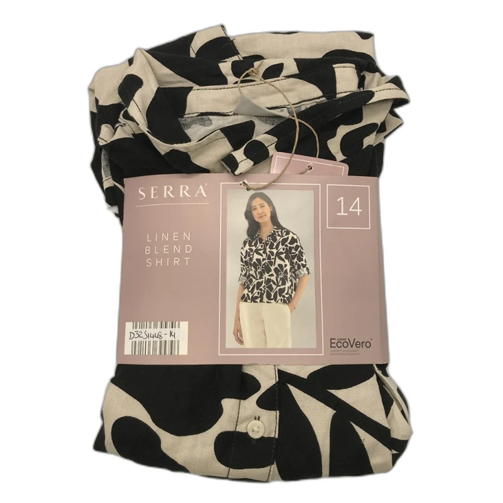 Serra Linen Blend Black Cream Floral Pattern Cuff Sleeve Shirt Ladies NEW