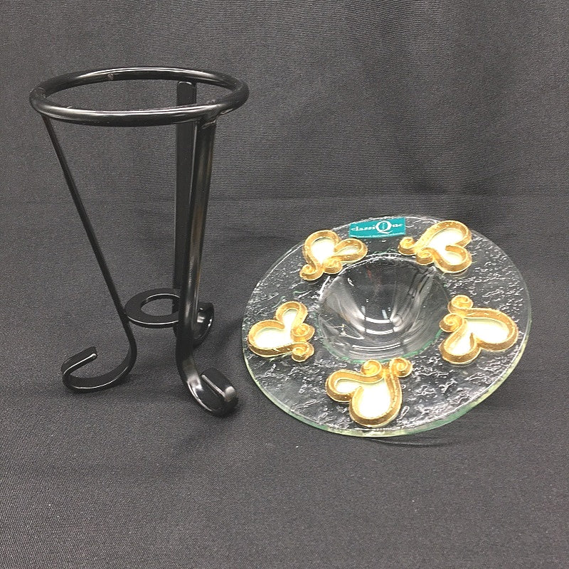Classique Design 2 Pce Glass Plate&Candle Warmer Gold&White Iridescent Heart NEW - Image 3