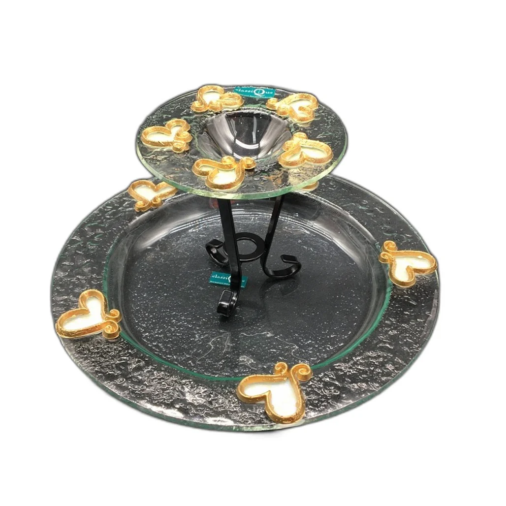 Classique Design 2 Pce Glass Plate&Candle Warmer Gold&White Iridescent Heart NEW - Image 9