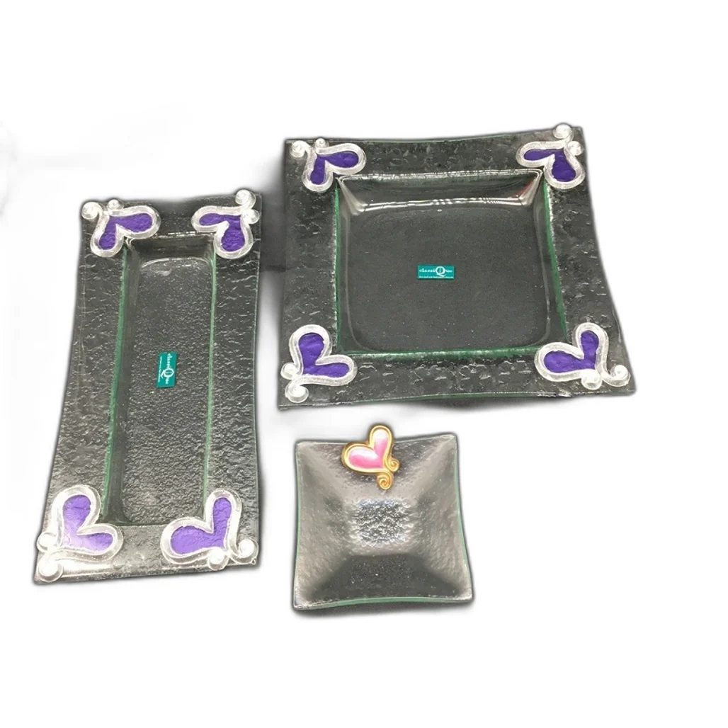 Classique Design 3 Piece Plate Set Silver & Purple Hearts Theme Home Decor NEW