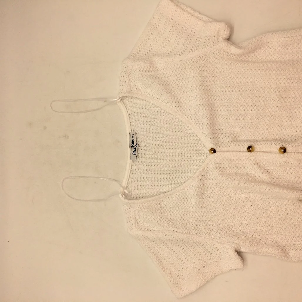Just Jeans White Button Up Knit Short Sleeve Shirt Tie Bottom Ladies Size XXS - Image 7