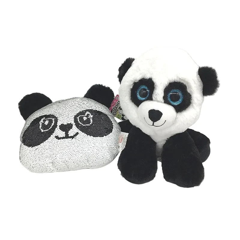 Panda 2 Pack Bundle Fluffy Sitting Plush Toy & Mini Sequin Cushion Age 5Y+ NEW