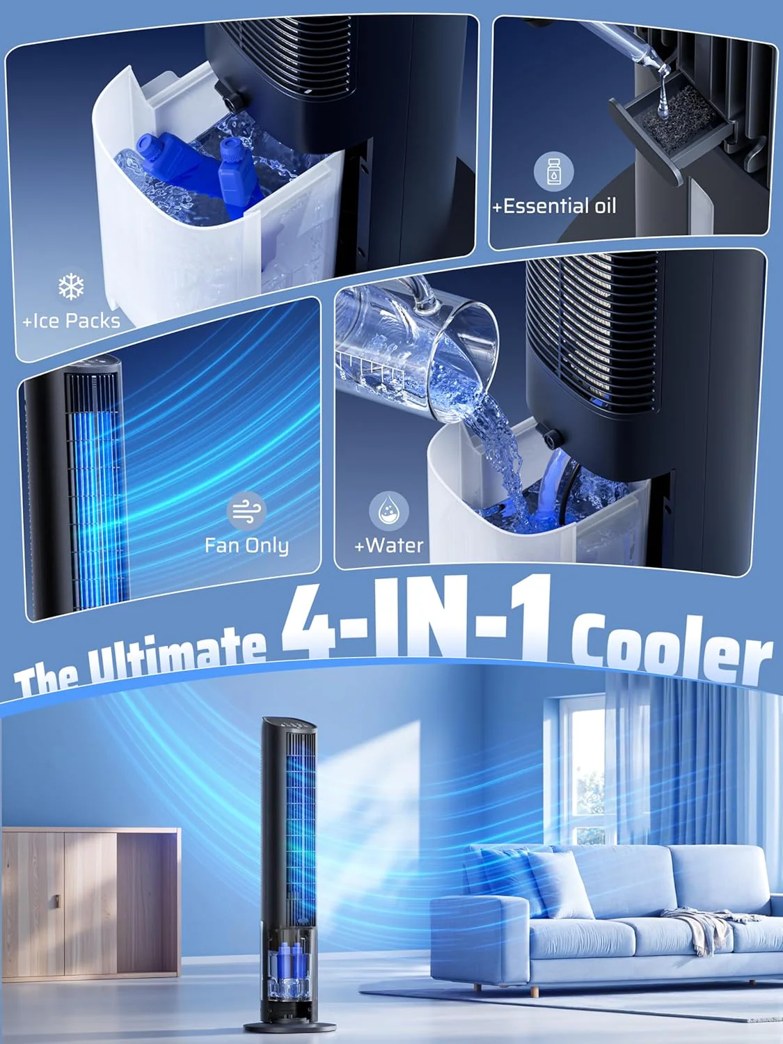 NAILGILRS 3L 75W Bladeless Oscillating Standing Tower Air Cooling Fan NEW - Image 4
