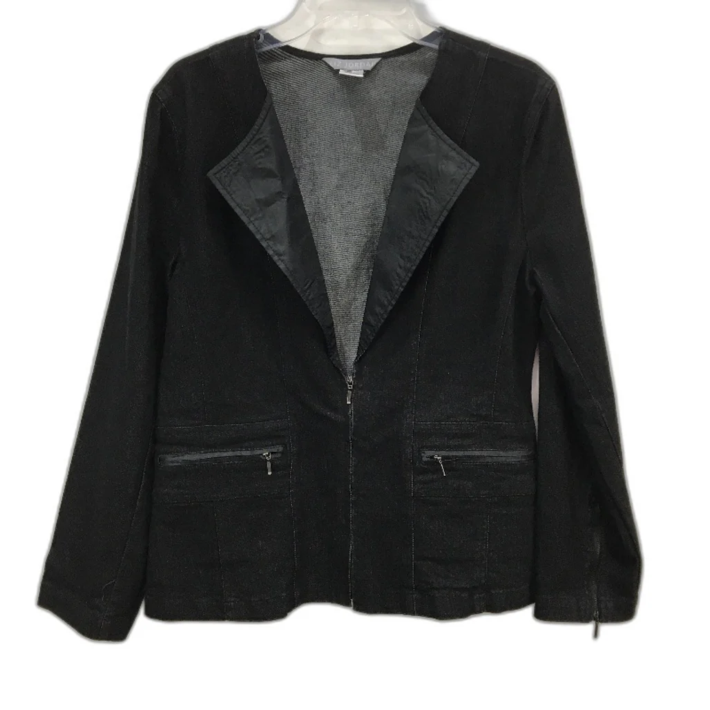 Liz Jordan Cotton Blend Black Denim Zip Up Lapel Collared Jacket Ladies Size S