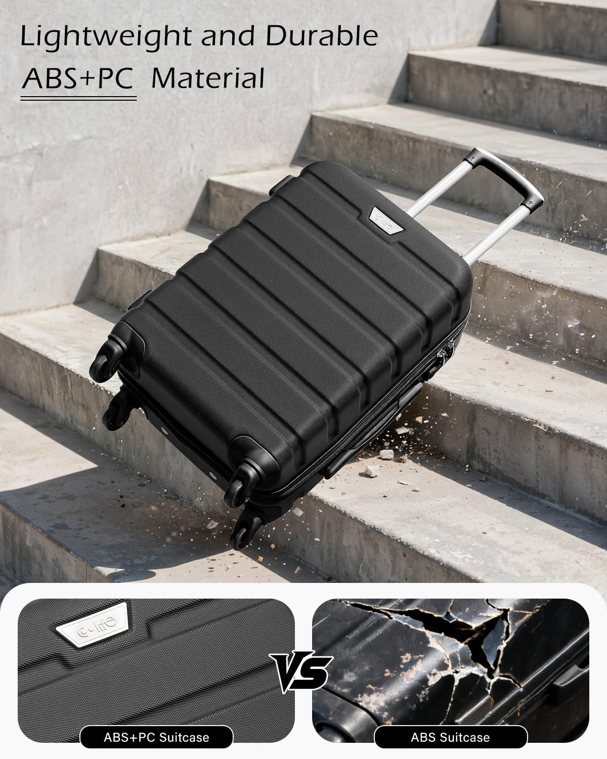 Coolife 24" Black ABS+PC Lightweight Hardshell Luggage Suitcase TSA Lock NEW - Image 3
