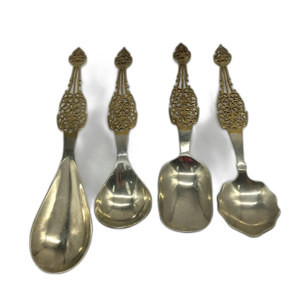 VINTAGE 4 Piece Filagree Jali Work Handled Metal Silver Plate Serving Utensil