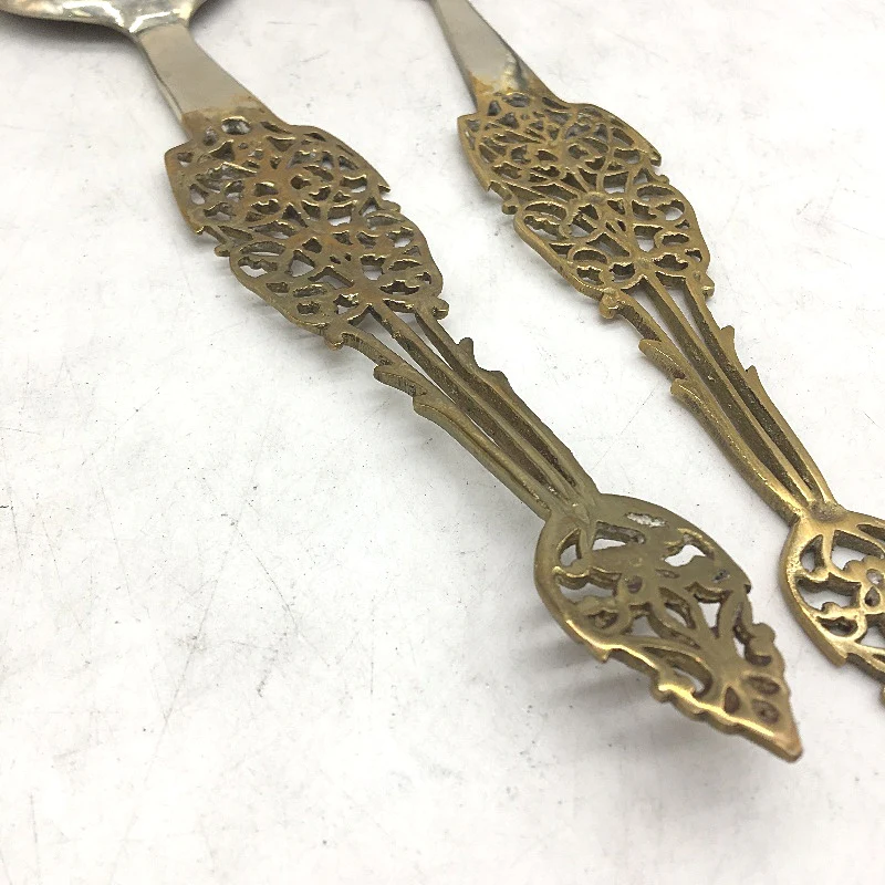 VINTAGE 4 Piece Filagree Jali Work Handled Metal Silver Plate Serving Utensil - Image 3