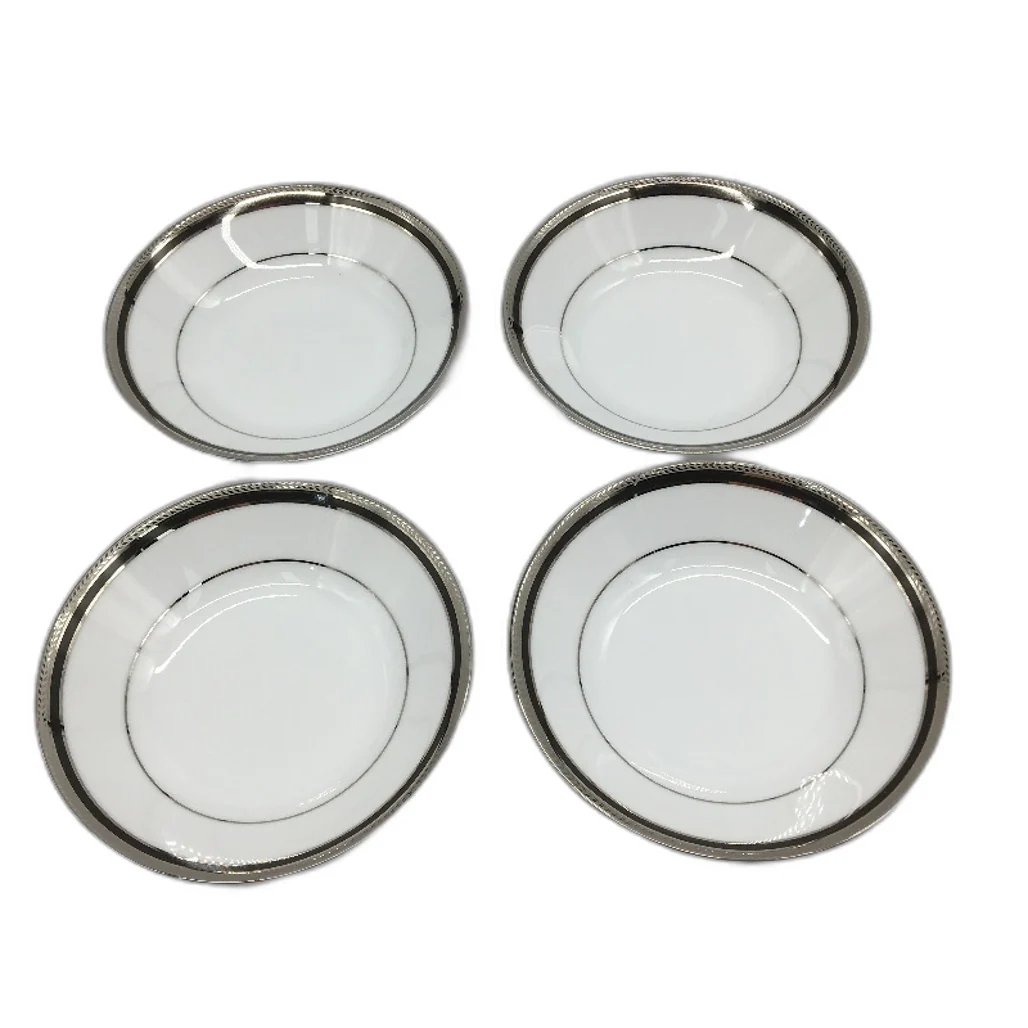 Noritake 4 x Toorak Noir Fruit Saucers White With Black & Silver Rim 14cm NEW