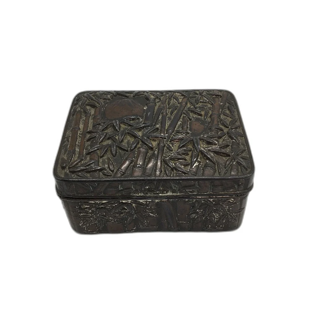 VINTAGE Chinese Metal Raised Bamboo Decorated Hinge Lid Red Lined Trinket Box