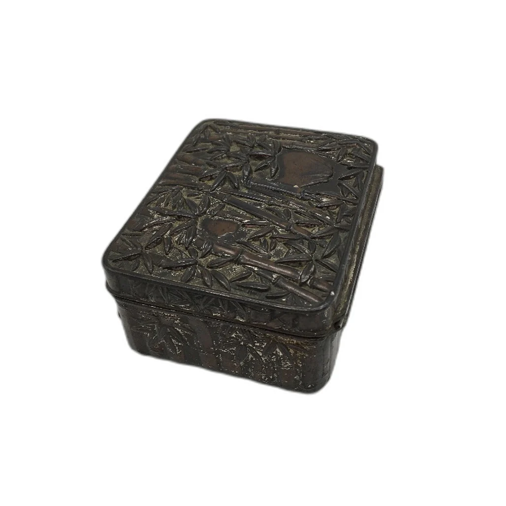 VINTAGE Chinese Metal Raised Bamboo Decorated Hinge Lid Red Lined Trinket Box - Image 2