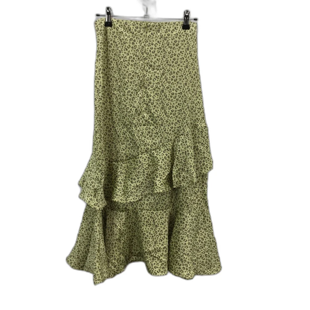Thanne Green Animal Print Ruffled Thigh Split Zip Up Silky Skirt Ladies Size 8 - Image 2