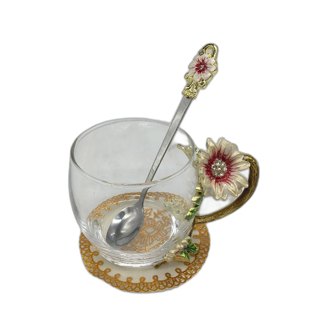 Handmade Lead Free Enamel Flower 11OZ Glass Coffee Mug Tea Cup With Spoon NEW