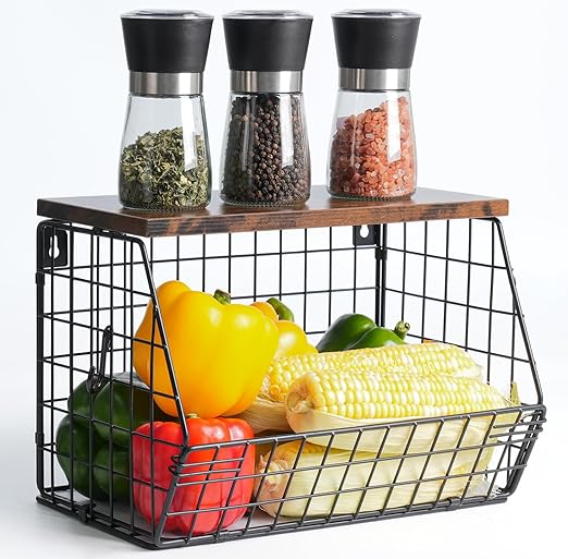 Metal Fruit Bowl Basket Wall Mount Hanging Wire Storage With Wood Lid & Hook NEW