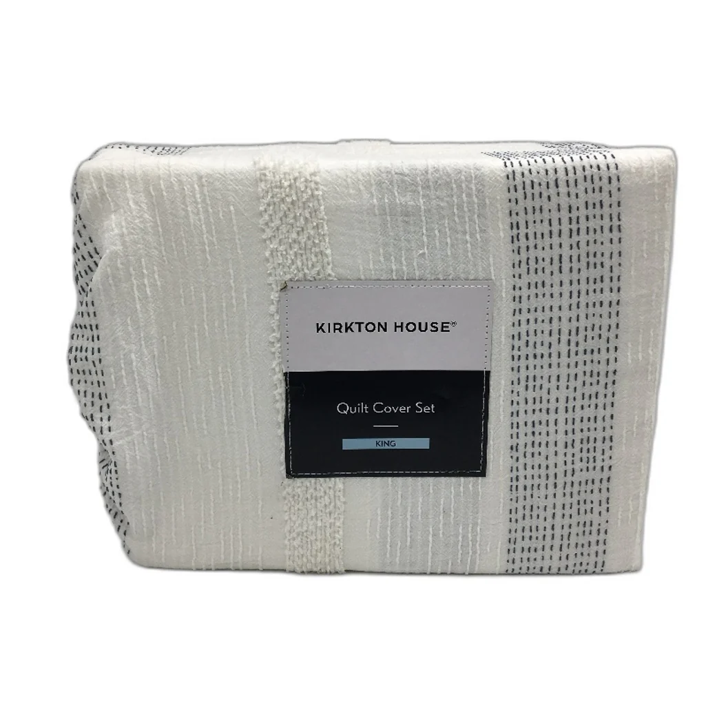 Kirkton House White & Navy Textured Yarn & Cotton Quilt Cover Set KING Size NEW