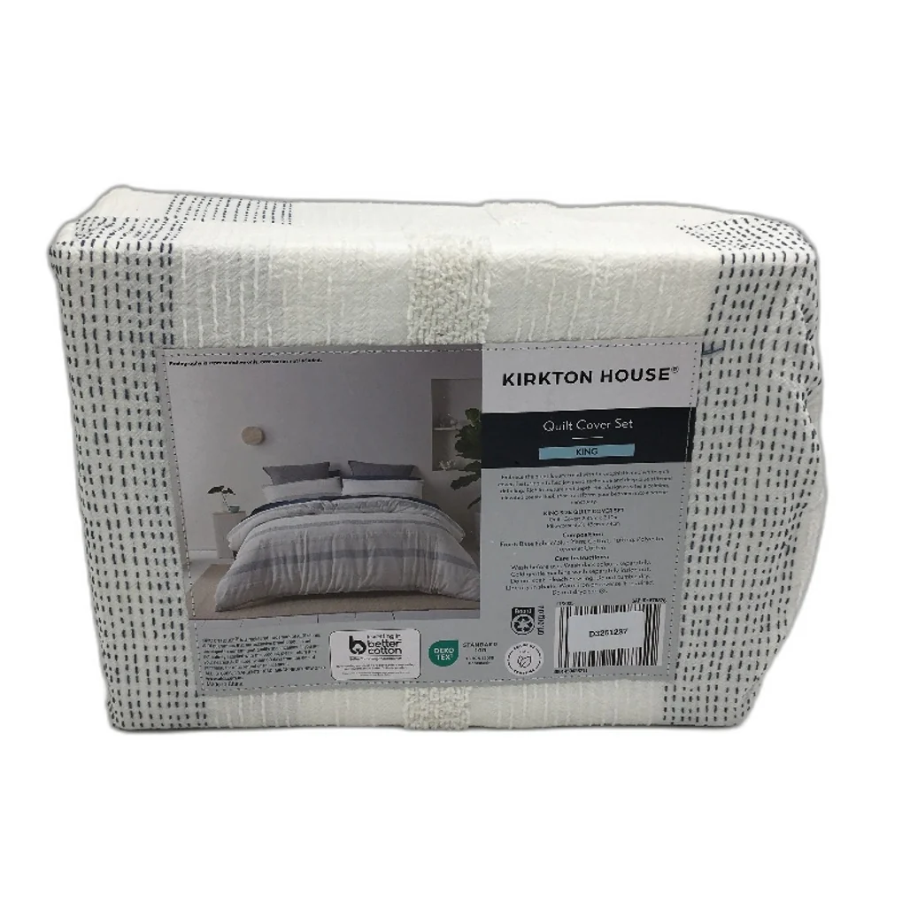 Kirkton House White & Navy Textured Yarn & Cotton Quilt Cover Set KING Size NEW - Image 2
