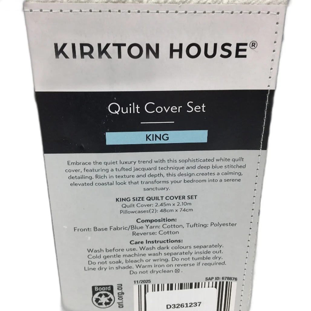 Kirkton House White & Navy Textured Yarn & Cotton Quilt Cover Set KING Size NEW - Image 5